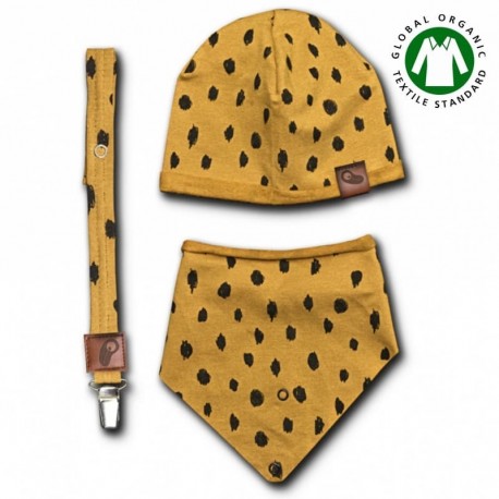 Hi Little One - zestaw spacerowy czapeczka, bandanka i zawieszka do smoczka z organicznej bawełny GOTS Leopard Mustard